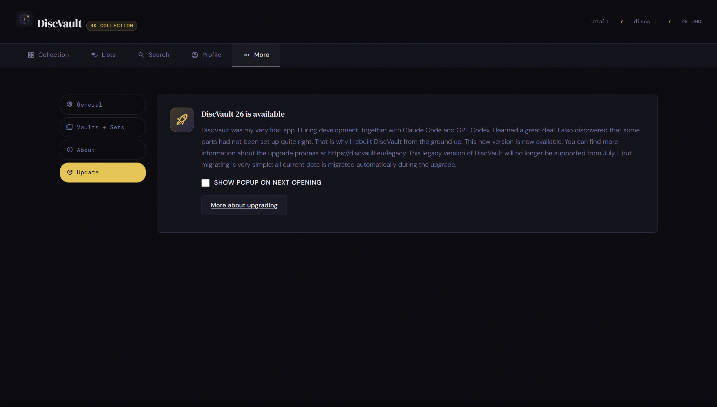 DiscVault Legacy update information page