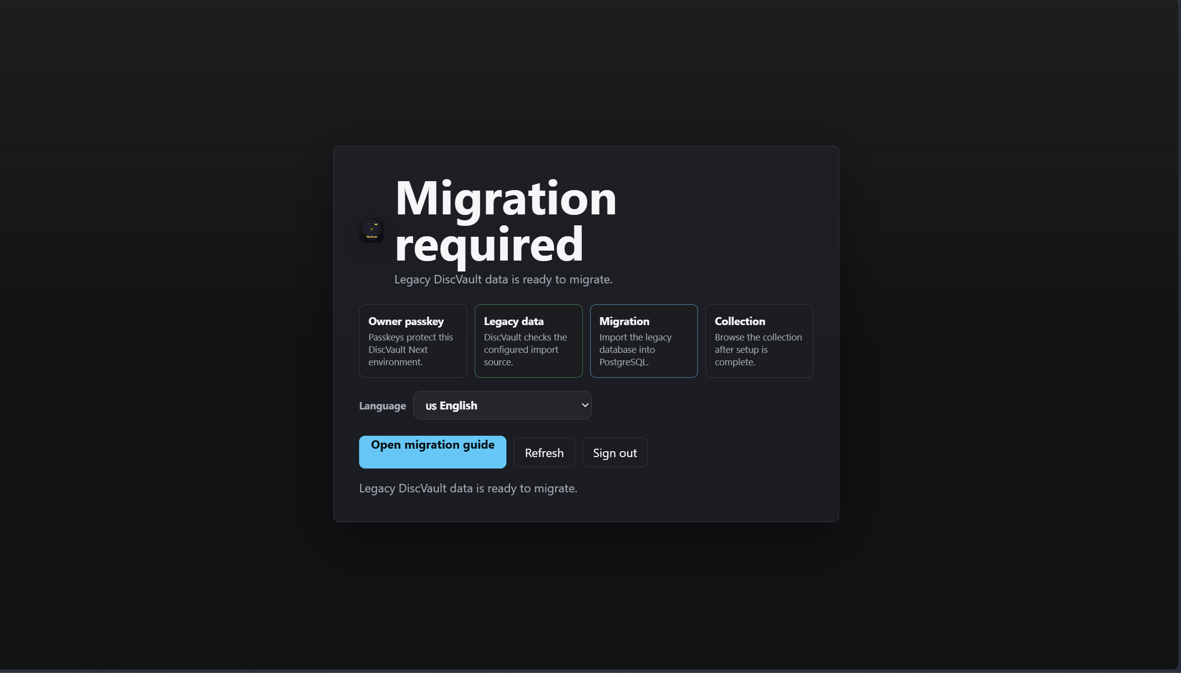DiscVault 26 migration start screen